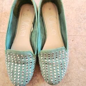 Green Suede Studded Women's Shoes
